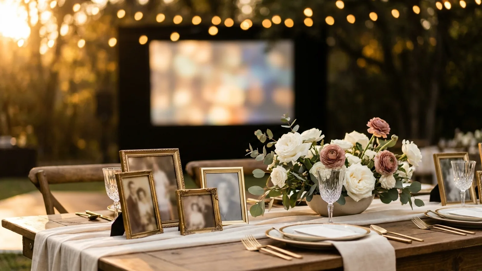 An anniversary celebration table at golden hour with small gold picture frames, white roses, and warm string lights, with a softly glowing photo slideshow screen far in the blurred background