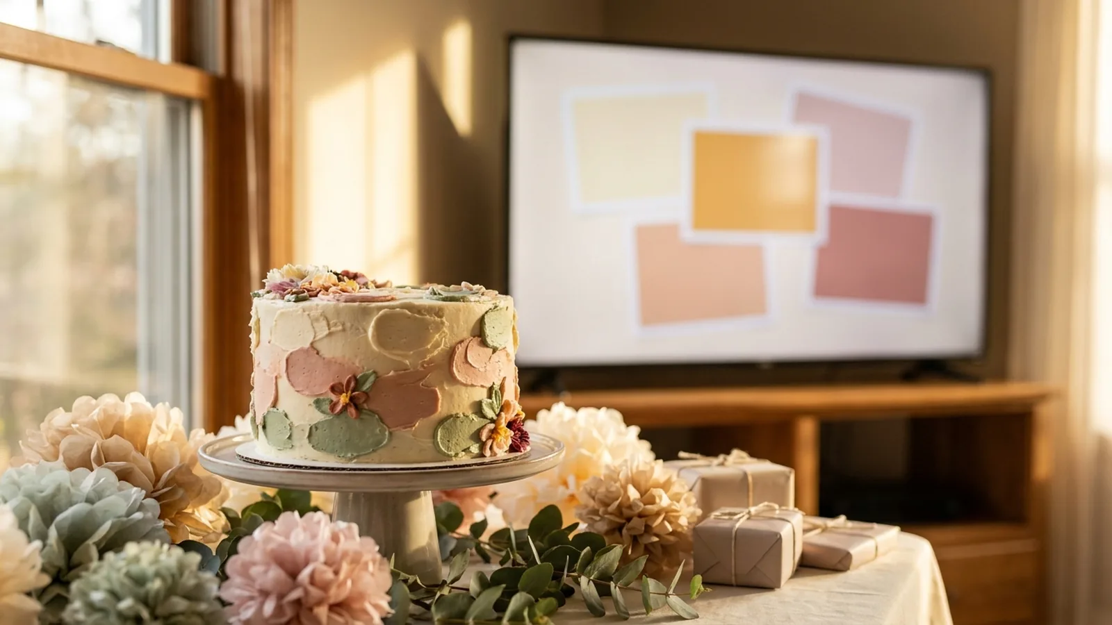 A decorated baby shower dessert table with a pastel cake and gifts, with a softly glowing photo slideshow screen in the background