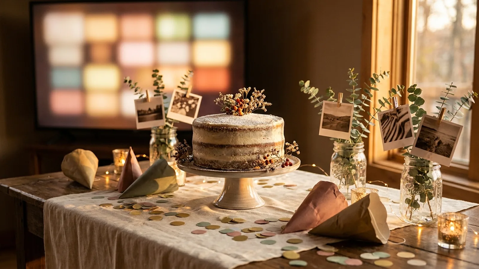 A birthday dessert table with a frosted cake, confetti, party hats, and printed photos clipped in glass jars, with a softly glowing photo slideshow screen in the background
