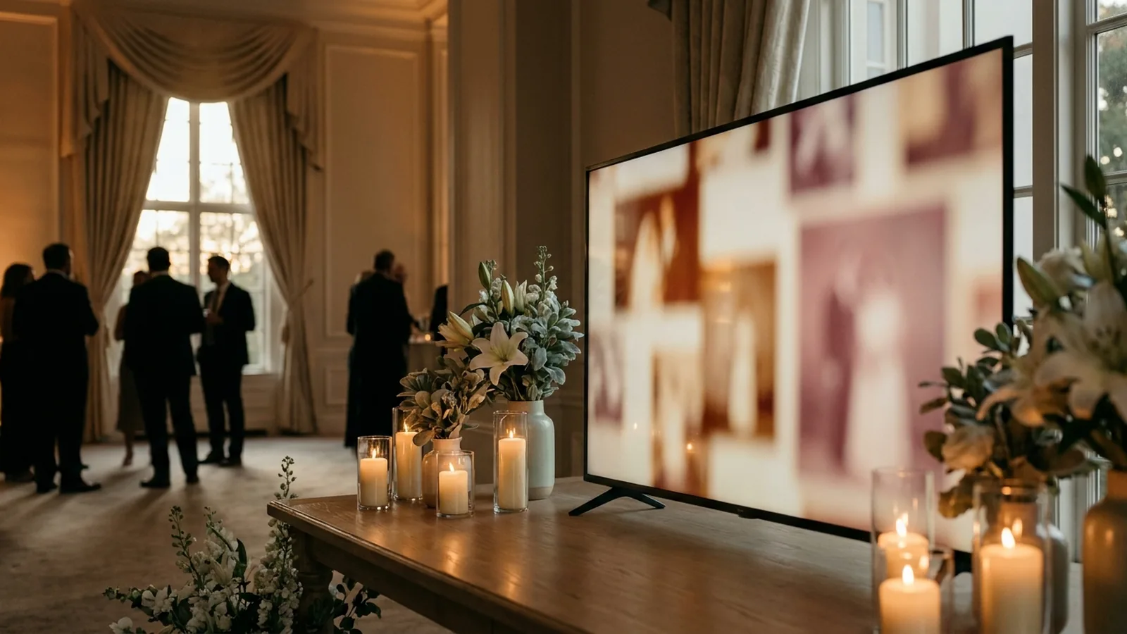 A quiet memorial memory table with candles and white flowers beside a softly glowing photo display screen at dusk