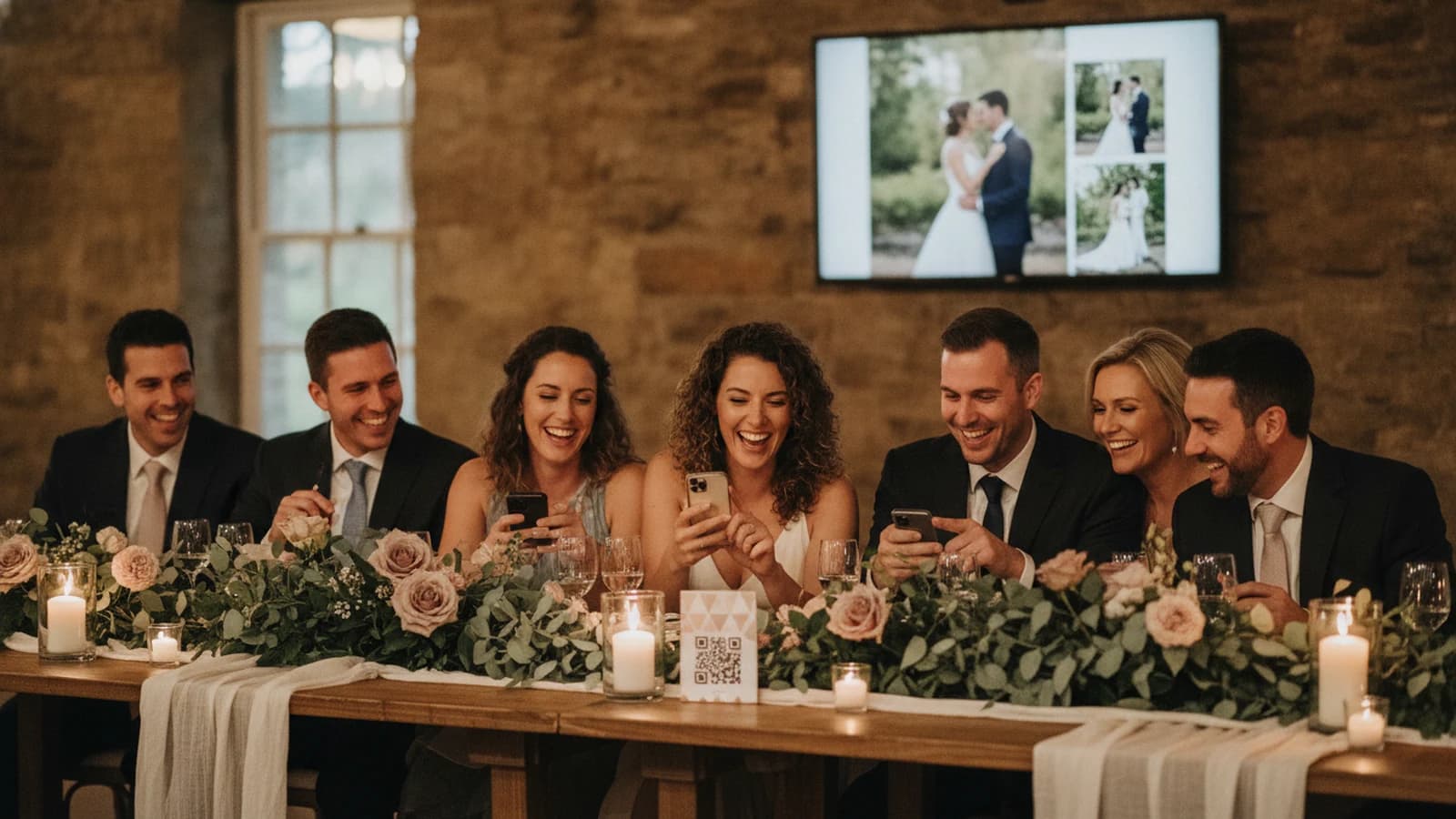 Wedding guests sharing phone photos at a reception table while a slideshow plays behind them