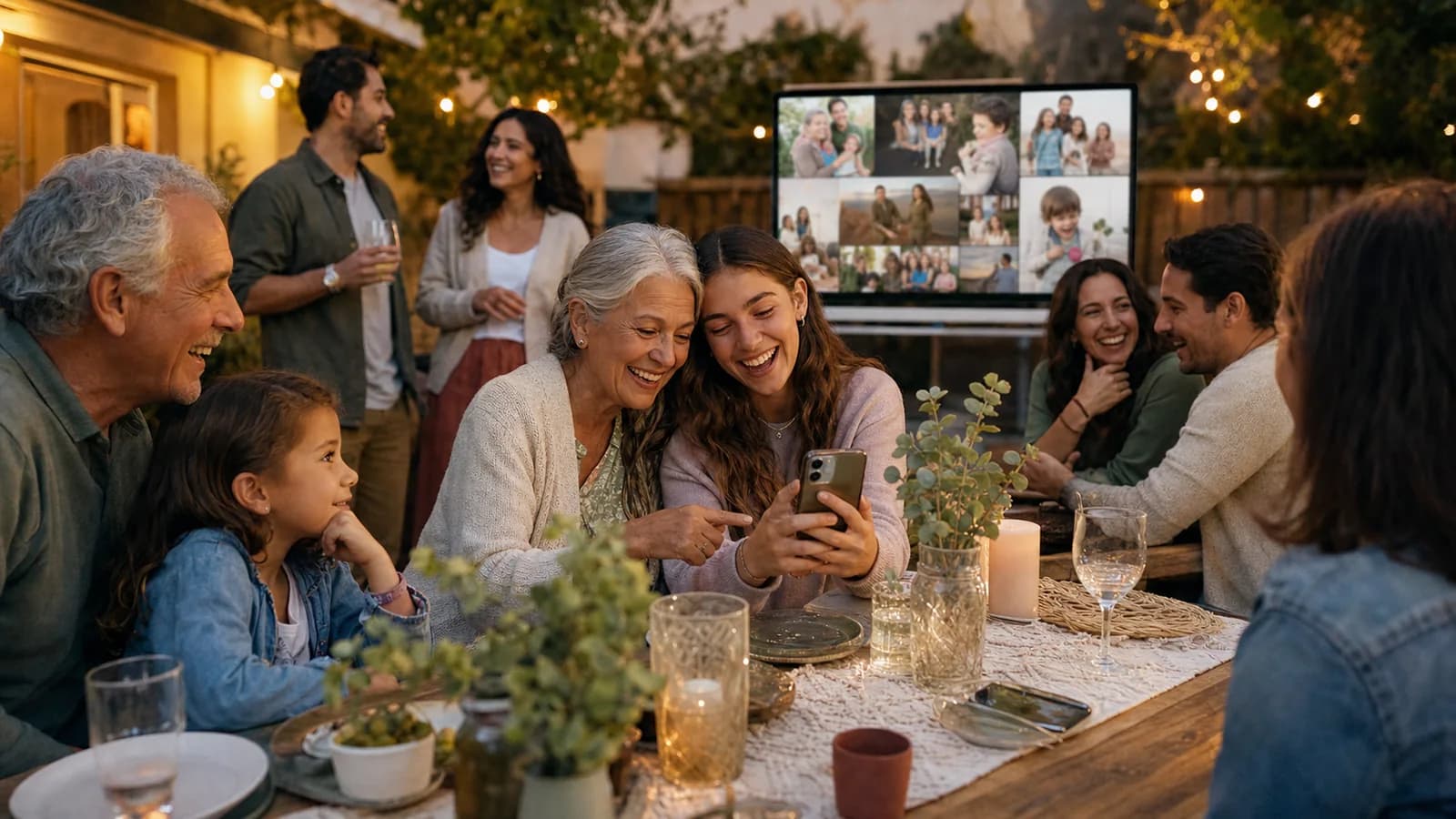 Family reunion guests sharing phone photos at a garden table while a widescreen slideshow plays at dusk