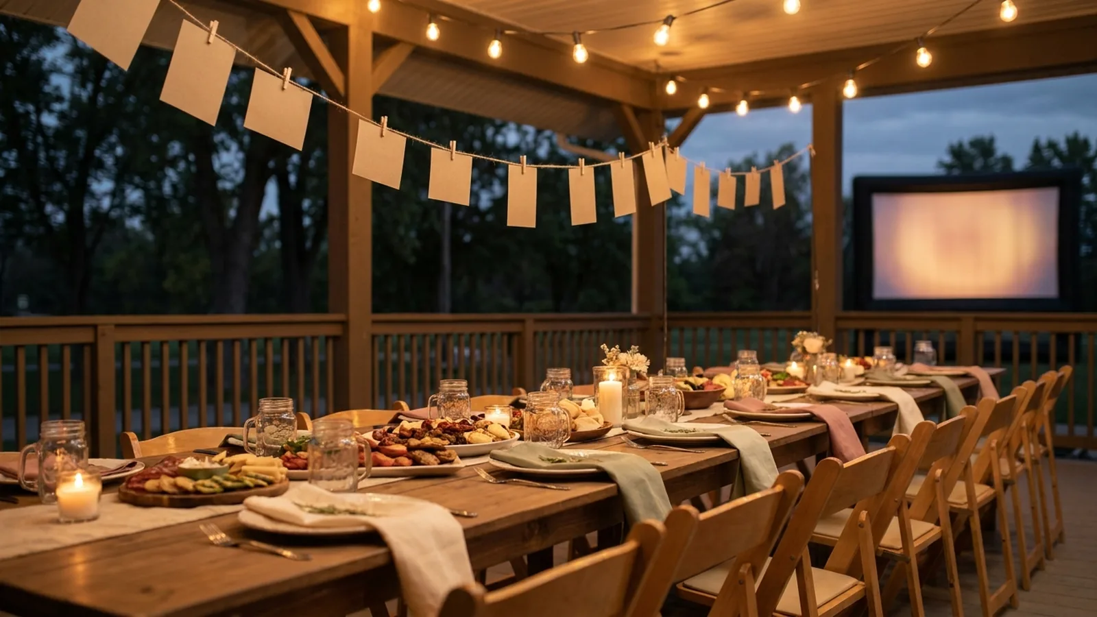 A long family reunion banquet table in an open-air park pavilion at dusk with mason-jar glasses, blank kraft photo cards strung on a twine banner, warm string lights, and a softly glowing slideshow screen far in the blurred background