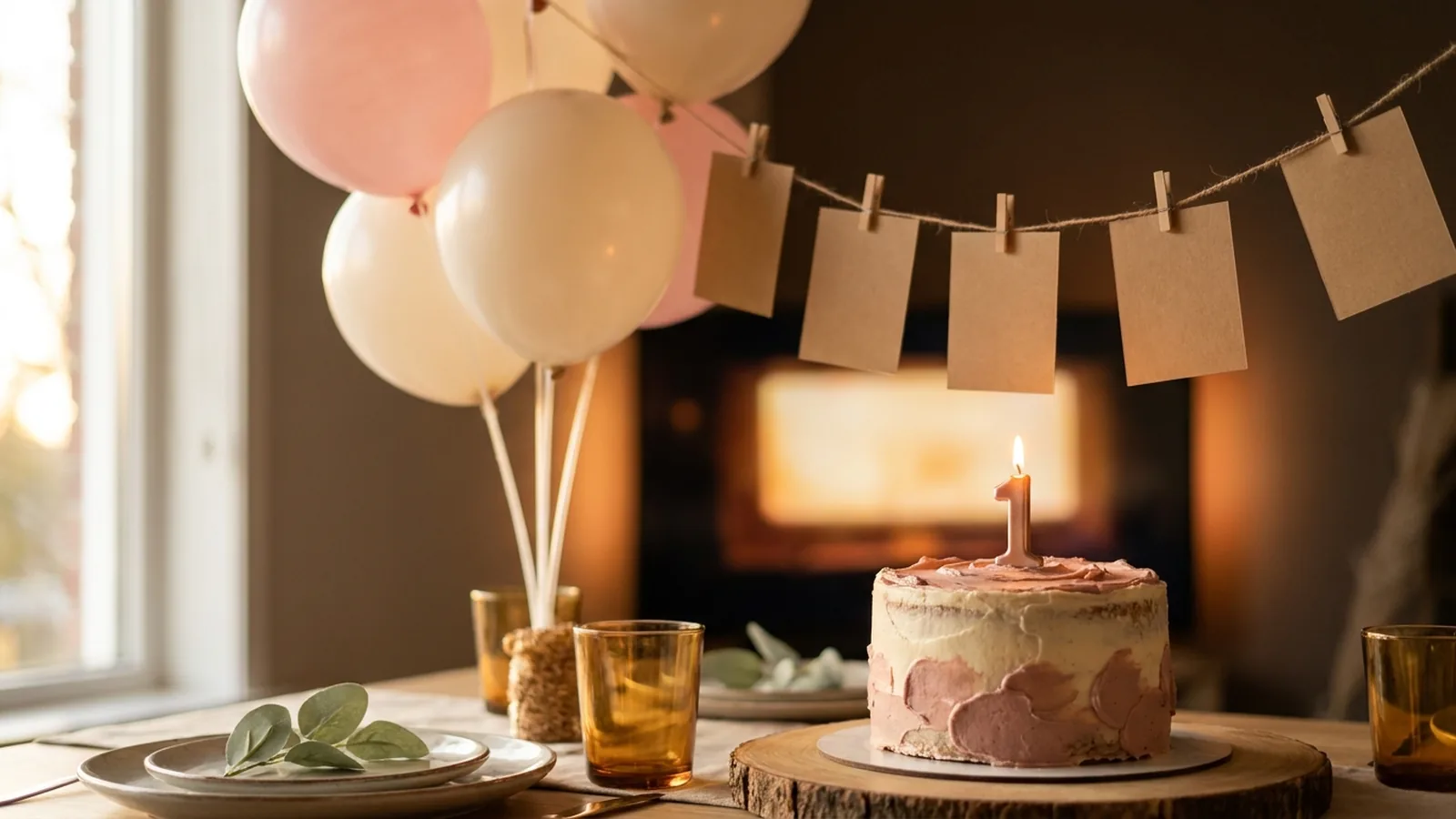 A first birthday dessert table with a small frosted smash cake, one lit number-one candle, pastel balloons, and a string of small blank kraft-paper cards clipped to twine, with a softly glowing photo slideshow screen far in the blurred background