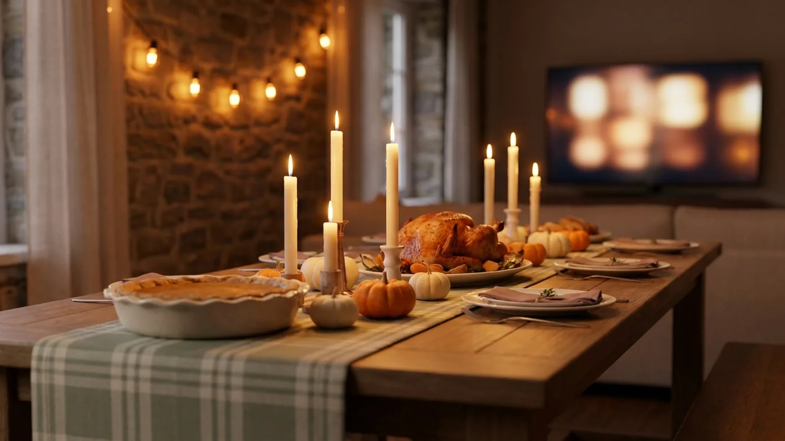A Friendsgiving table set for a crowd at dusk, with a roasted platter, pie, pumpkins, candles, and a plaid runner, and a softly glowing screen in the blurred background showing faint photo rectangles