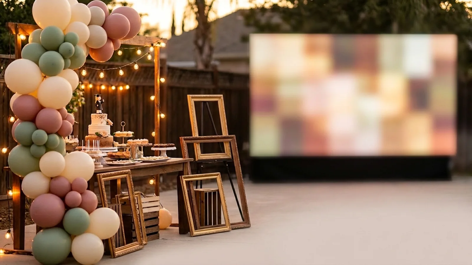 A graduation party dessert table with a cap-and-gown cake topper and small framed school photos, with a softly glowing photo slideshow screen far in the blurred background