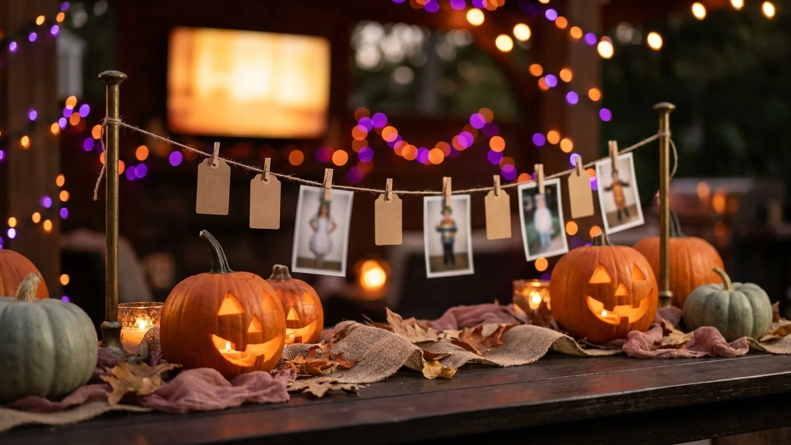 A Halloween party entry table at dusk with carved jack-o'-lanterns, a twine of small printed costume photos on blank kraft cards, purple and orange string-light bokeh, and a softly glowing photo slideshow screen far in the blurred background