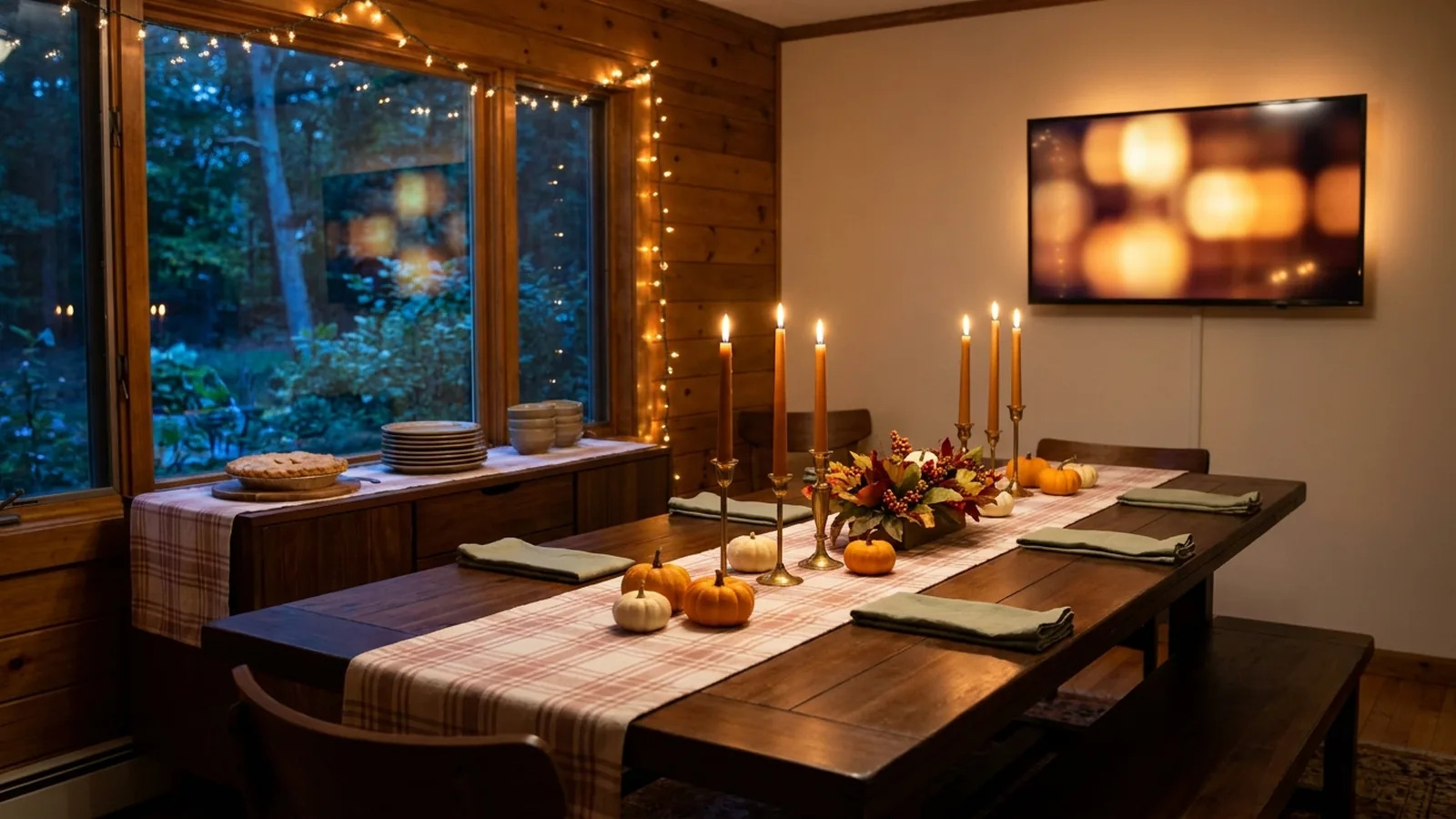 A Thanksgiving dining room at dusk with a long set table, taper candles, small pumpkins, pie on a sideboard, and a softly glowing television in the blurred background showing faint photo rectangles