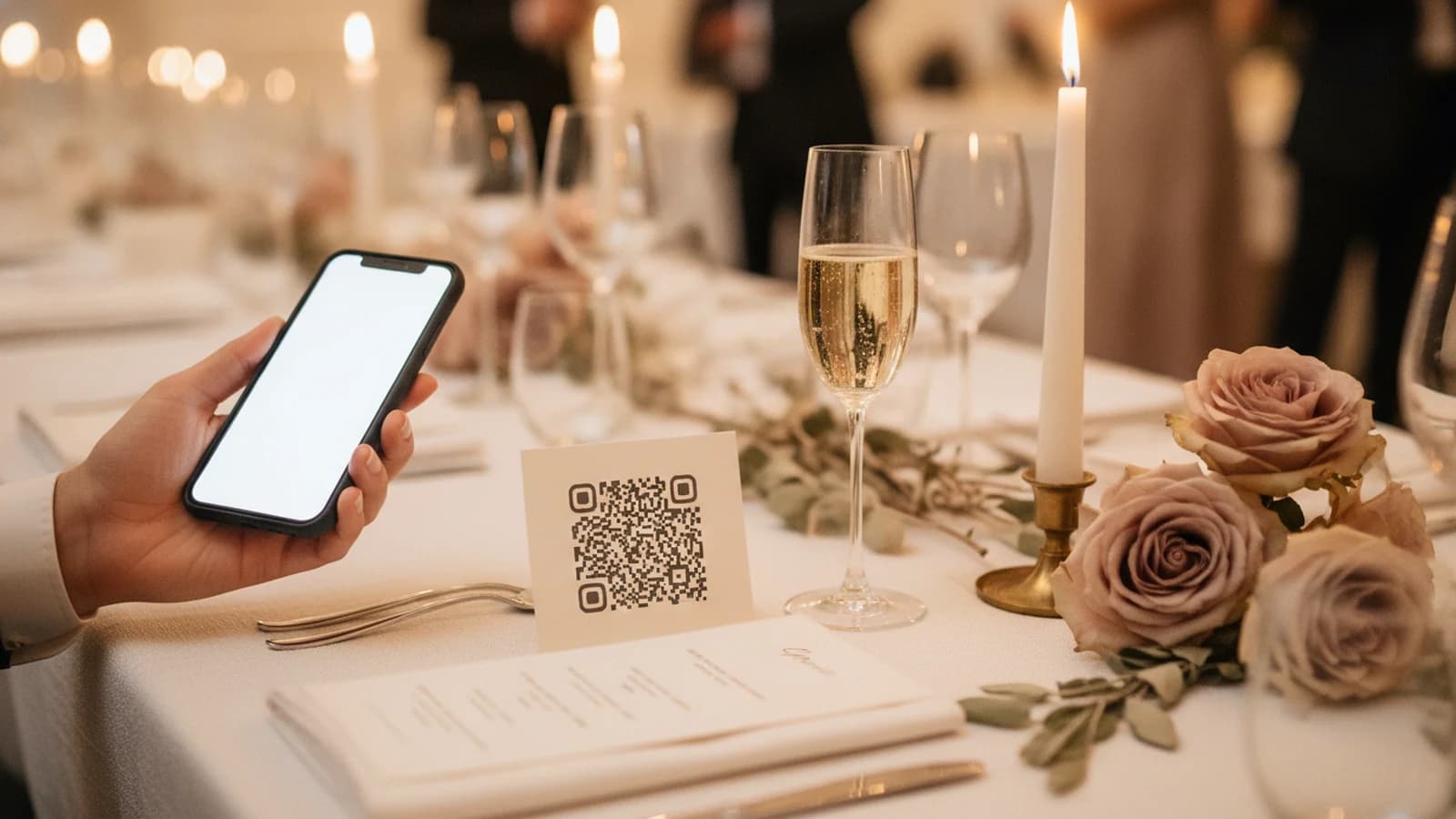 A guest scanning a wedding photo QR code beside a candlelit place setting