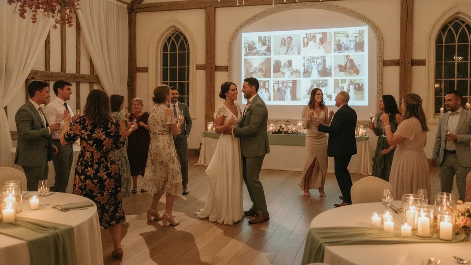 Newlyweds dancing with their guests while a wedding photo slideshow plays in the reception room