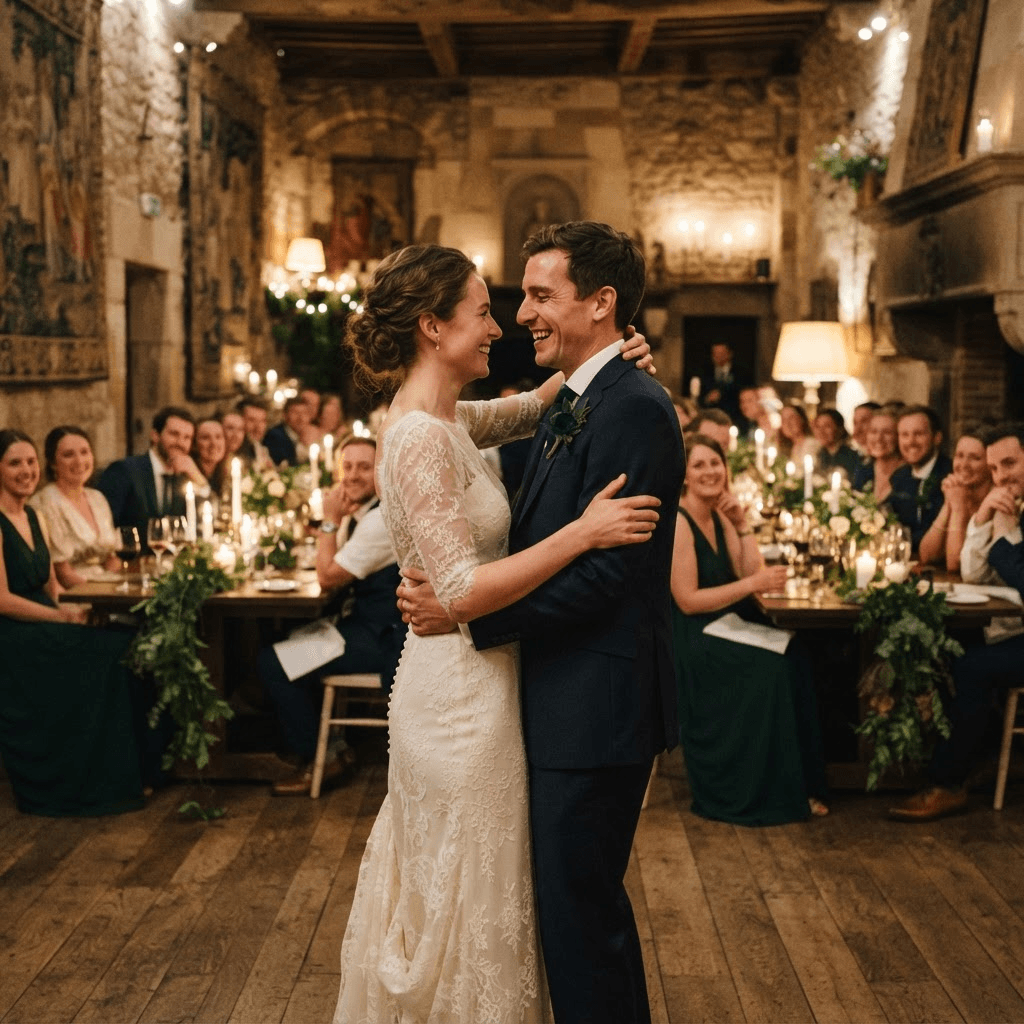 Newlyweds sharing their first dance, the kind of photo a live wedding slideshow plays full screen